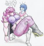  absurd_res armor big_breasts big_butt bodily_fluids breasts butt carrying chivalry deltarune dialogue english_text female flicker-show hi_res human kris_(deltarune) male mammal muscular muscular_female nipple_outline scalie size_difference susie_(deltarune) sweat text video_games 