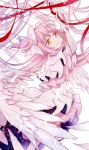  1girl angel_wings arms_up ayumaru_(art_of_life) blush choker closed_mouth dress eyebrows_visible_through_hair feathered_wings feathers frilled_dress frills gloves hair_ribbon happy head_tilt highres kaname_madoka light_particles long_dress long_hair looking_at_viewer mahou_shoujo_madoka_magica pink_dress pink_hair pink_theme ribbon simple_background smile solo sparkle streamers two_side_up ultimate_madoka very_long_hair white_background white_choker white_gloves white_neckwear white_ribbon wide_sleeves wings yellow_eyes 