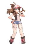  1girl ankea_(a-ramo-do) bare_shoulders baseball_cap black_footwear black_legwear black_vest blue_eyes blue_shorts boots breasts brown_hair closed_mouth collarbone hand_on_hip hand_up happy hat holding holding_poke_ball long_hair looking_at_viewer pink_headwear poke_ball poke_ball_(generic) poke_ball_symbol poke_ball_theme pokemon pokemon_(game) pokemon_bw ponytail shirt short_shorts shorts simple_background sleeveless sleeveless_shirt small_breasts smile socks solo standing tied_hair touko_(pokemon) vest white_background white_shirt wristband 