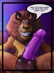  2019 absurd_res alakay_alex anthro balls big_penis black_nose blue_eyes brown_balls cheek_tuft chest_tuft dasoka dialogue digital_media_(artwork) dreamworks english_text erection eyebrows felid feline front_view fur glans hair hi_res huge_penis humanoid_penis lion looking_at_viewer madagascar_(series) male mammal nude pantherine penis portrait purple_glans purple_penis simple_background smile solo speech_bubble talking_to_viewer teeth text tuft 