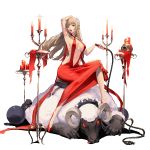  1girl animated bouncing_breasts breasts brown_hair candle candlestand catherine_(game) cleavage destiny_child dress flower hair_flower hair_ornament horns katherine_mcbride kim_hyung_tae long_hair looking_at_viewer official_art parted_lips red_dress sheep sitting sitting_on_person skull whip 