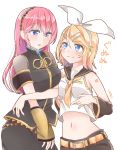  2girls amulet arm_warmers armband asymmetrical_sleeves bangs bare_shoulders belt black_shirt black_shorts black_skirt blonde_hair blue_eyes blush bow breast_envy breast_hold breasts commentary crop_top detached_sleeves gold_trim hair_bow hairband highres kagamine_rin long_hair looking_at_another medium_breasts megurine_luka midriff multiple_girls navel neckerchief parted_lips pink_hair purple_eyes see-through see-through_sleeves shirt short_hair shorts shoulder_tattoo skirt sleeveless sleeveless_shirt small_breasts stomach straight_hair sweatdrop swept_bangs tatibanamarin tattoo translated upper_body vocaloid white_background white_bow white_shirt yellow_neckwear 