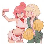  1boy 1girl aina_ardebit blue_eyes cellphone cheerleader green_hair headband jacket lio_fotia midriff navel open_mouth phone pink_hair pom_poms promare purple_eyes short_hair side_ponytail skirt smartphone smile soto taking_picture track_suit 