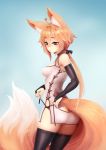  1girl ahoge animal_ear_fluff animal_ears ass bangs barbariank bare_shoulders black_gloves black_legwear black_ribbon blue_background blush borrowed_character breasts bridal_gauntlets commentary cowboy_shot dress elbow_gloves english_commentary eyebrows_visible_through_hair fox_ears fox_girl fox_tail gloves gradient gradient_background hair_between_eyes hair_ribbon highres large_tail long_hair low_ponytail medium_breasts nose_blush orange_hair original red_eyes ribbon short_dress side_slit simple_background solo suzu_(sub-res) tail tail_cutout thighhighs untying 