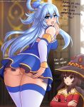  2girls :d aqua_(konosuba) ass bangs bare_shoulders beads black_cape blue_eyes blue_hair blurry blurry_background breasts brick_wall brown_hair cape choker commentary crossed_arms detached_sleeves drunk english_commentary english_text eyebrows_visible_through_hair from_behind hair_beads hair_between_eyes hair_ornament hair_rings hand_to_own_mouth hat highres indoors kono_subarashii_sekai_ni_shukufuku_wo! long_hair looking_at_viewer looking_back medium_breasts megumin multiple_girls no_panties open_mouth patreon_username pussy red_eyes smile thick_thighs thighhighs thighs twistedscarlett60 upskirt watermark web_address white_legwear witch_hat 