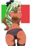  1girl anchovy aono3 ass back bangs bent_over black_bra black_legwear black_panties black_ribbon bra closed_mouth commentary cowboy_shot drill_hair eyebrows_visible_through_hair girls_und_panzer green_hair hair_ribbon highres italian_flag long_hair looking_at_viewer looking_back panties red_eyes ribbon shoulder_blades skindentation smile solo standing sunburn tan thighhighs twin_drills twintails underwear underwear_only white_background 