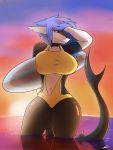  anthro big_breasts blue_hair breasts clothed clothing eyelashes female fish hair hi_res marine navel nipple_outline partially_submerged shark solo sophie_(zigzagmag) sunset surfboard water zigzagmag 