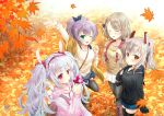  4girls arm_up autumn_leaves ayanami_(azur_lane) azur_lane backpack bag black_legwear black_shirt blonde_hair blue_skirt closed_eyes collarbone eyebrows_visible_through_hair green_eyes hair_between_eyes hair_ribbon hairband headgear holding_mushroom hood hoodie javelin_(azur_lane) kayura_yuka laffey_(azur_lane) long_hair long_sleeves looking_at_viewer multiple_girls mushroom one_eye_closed open_mouth outdoors plaid plaid_skirt ponytail purple_hair red_eyes ribbon sailor_collar shirt short_hair shoulder_bag skirt sweater thighhighs twintails white_skirt yellow_shirt z23_(azur_lane) zettai_ryouiki 