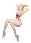  1girl armpits arms_behind_head blonde_hair blue_eyes breasts catherine catherine_(game) cleavage destiny_child dress drill_hair high_heels kim_hyung_tae looking_at_viewer official_art parted_lips short_dress smile solo twin_drills twintails white_legwear 