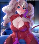  1girl blue_eyes blush bodysuit breasts cleavage cleavage_cutout collarbone commentary covered_collarbone english_commentary eyebrows_visible_through_hair gloves grey_hair hair_ornament hairclip hand_on_own_cheek highres indoors large_breasts long_hair looking_at_viewer night patreon_username persona persona_5 pink_gloves red_bodysuit smile solo takamaki_anne twintails twistedscarlett60 watermark web_address 