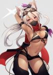  &gt;:) 1girl animal_ear_fluff animal_ears arm_behind_head arm_strap arm_up armpits ass_visible_through_thighs banned_artist belt belt_buckle bikini bikini_under_clothes black_bikini black_shorts blush breasts buckle cat_ears cat_girl cat_tail cleavage closed_mouth contrapposto cowboy_shot dark_skin face_mask front-tie_bikini front-tie_top goggles goggles_on_head grey_background hair_between_eyes hand_on_own_chest kyoeiki large_breasts long_hair looking_at_viewer low_ponytail mask navel original purple_eyes red_scarf scarf see-through sheath sheathed short_shorts shorts silver_hair simple_background smile solo stomach swimsuit sword tail underboob v-shaped_eyebrows weapon weapon_on_back 