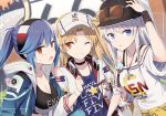  3girls alternate_costume azur_lane bangs baseball_cap black_choker blonde_hair blue_hair blush breasts choker cleveland_(azur_lane) cleveland_(road_trip!)_(azur_lane) clothes_around_waist clothes_writing collarbone day enterprise_(anniversary_ride)_(azur_lane) enterprise_(azur_lane) essex_(a_trip_down_route_66)_(azur_lane) essex_(azur_lane) eyebrows_visible_through_hair eyewear_on_headwear gochou_(atemonai_heya) grin hat headband headphones headphones_around_neck hood hood_down jacket jacket_around_waist large_breasts locked_arms long_hair long_sleeves looking_at_viewer multiple_girls off-shoulder_shirt off_shoulder official_art one_eye_closed one_side_up open_clothes outdoors purple_eyes red_eyes shirt sidelocks silver_hair smile star sunglasses sweatdrop tinted_eyewear viewfinder 