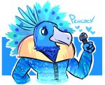  &lt;3 2019 5_fingers aliasing anthro avian beak biped bird blue_eyes blue_feathers blue_theme character_name clawzetto clothed clothing cool_colors crest digital_drawing_(artwork) digital_media_(artwork) english_text feathered_crest feathers fingers galliform green_feathers grey_beak half-length_portrait holding_microphone holding_object jacket male masked_singer microphone outline peacock_(masked_singer) peacock_feather peafowl phasianid portrait simple_background smile solo species_name text topwear 