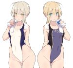  2girls ahoge alternate_costume artoria_pendragon_(all) ass_visible_through_thighs blonde_hair bottle braid competition_swimsuit covered_navel cowboy_shot fate/grand_order fate/stay_night fate_(series) flat_chest french_braid green_eyes groin highleg highleg_swimsuit highres kekemotsu long_hair looking_at_viewer low_ponytail multiple_girls one-piece_swimsuit open_mouth purple_swimsuit saber saber_alter simple_background standing swimsuit thigh_gap towel towel_around_neck water_bottle white_background white_swimsuit white_towel yellow_eyes 