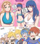  3girls 6+boys armor bikini blonde_hair blue_hair breasts brown_hair caeda_(fire_emblem) cloud_strife corrin_(fire_emblem) final_fantasy final_fantasy_vii fire_emblem fire_emblem:_the_blazing_blade fire_emblem_awakening fire_emblem_fates karbuitt lilina_(fire_emblem) link marth_(fire_emblem) medium_breasts multiple_boys multiple_girls open_mouth pit_(kid_icarus) princess_zelda red_hair robin_(fire_emblem) robin_(fire_emblem)_(male) roy_(fire_emblem) speech_bubble swimsuit the_legend_of_zelda the_legend_of_zelda:_breath_of_the_wild white_hair 