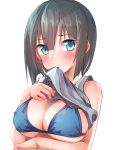  1girl black_hair blue_bikini_top blue_eyes blush breast_suppress breasts eyebrows_visible_through_hair grey_shirt hair_between_eyes head_tilt highres large_breasts looking_at_viewer mouth_hold rits_(apud8788) shirt sleeveless sleeveless_shirt solo tougou_mimori upper_body yuuki_yuuna_wa_yuusha_de_aru yuusha_de_aru 