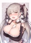  1girl arms_under_breasts azur_lane bangs bare_shoulders between_breasts black_dress blush breasts cleavage dress eyebrows_visible_through_hair formidable_(azur_lane) frilled_dress frills grey_hair hair_ribbon half-closed_eyes highres jewelry large_breasts long_hair long_sleeves looking_at_viewer open_mouth otonari red_eyes ribbon rigging solo twintails two-tone_dress two-tone_ribbon very_long_hair 