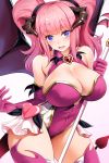  1girl blue_eyes breasts cleavage demon_girl demon_horns demon_tail demon_wings highres horns leotard obaoba_(monkeyix) original pink_hair solo tail twintails wings 