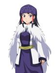  1girl ainu_clothes alternate_costume alternate_eye_color arms_at_sides asirpa asirpa_(cosplay) black_hair blue_dress brooch cape cato_(monocatienus) coat commentary_request cosplay cowboy_shot dress earrings fur_cape golden_kamuy hair_tubes hakurei_reimu head_scarf hoop_earrings jewelry long_hair long_sleeves looking_at_viewer open_clothes open_coat open_mouth purple_eyes sash sidelocks simple_background sleeves_past_wrists solo standing touhou traditional_clothes tsurime white_background white_coat 