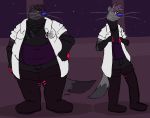  annoyed anthro armwear belly boots clothed clothing duo elbow_gloves emile_lalique eyewear footwear fur glasses gloves grey_fur hand_on_hip handwear kikatsu lab_coat legwear male mammal moobs mustela mustelid musteline overweight overweight_male ren&eacute;_lalique scientist smile standing thigh_boots thigh_highs whiskers 