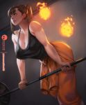  1girl barbell bare_shoulders black_tank_top breasts cleavage collarbone covered_nipples en&#039;en_no_shouboutai fire firefighter flame hanging_breasts indoors large_breasts leaning_over lifting maki_oze muscle muscular_female orange_overalls orange_pants patreon_username rejean_dubois spirit tank_top toned uniform weightlifting weights 