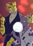  anthro clothing cotton_candy domestic_cat duo felid feline felis festival food hand_holding hi_res hot_dog japanese_clothing kimono male male/male mammal mask morenatsu pantherine shin_(morenatsu) simple_background tiger torahiko_(morenatsu) パオマー 