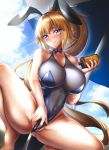  1girl :q absurdres animal_ears bangs bare_arms bare_legs bare_shoulders barefoot beach_umbrella blonde_hair blue_choker blue_eyes blue_leotard blue_neckwear blue_sky blue_swimsuit blush bottle bow bowtie breasts bunny_ears bunny_girl bunny_tail bunnysuit cameltoe choker cleavage closed_mouth cloud cloudy_sky collarbone commentary_request condensation covered_navel day eyebrows_visible_through_hair eyelashes fake_animal_ears fate/grand_order fate_(series) fingernails hair_between_eyes head_tilt highleg highleg_leotard highleg_swimsuit highres holding holding_bottle jeanne_d&#039;arc_(fate) jeanne_d&#039;arc_(fate)_(all) large_breasts leotard long_hair looking_at_viewer lotion lotion_bottle nail_polish one-piece_swimsuit outdoors pink_nails ponytail rai_(newtype_xm-x1) see-through sidelocks skin_tight sky smile solo spread_legs squatting strapless strapless_leotard sunscreen swimsuit tail tongue tongue_out umbrella very_long_hair 