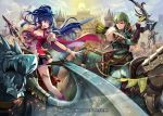  1girl 2boys armor arrow bow_(weapon) cape commentary_request company_connection copyright_name dragon fire_emblem fire_emblem:_the_sacred_stones fire_emblem_cipher holding holding_bow_(weapon) holding_weapon horse horseback_riding innes_(fire_emblem) konfuzikokon male_focus multiple_boys official_art pegasus polearm quiver riding spear tana_(fire_emblem) thighhighs weapon wings wyvern zettai_ryouiki 