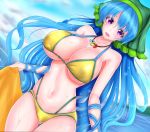  1girl alternate_costume ass_visible_through_thighs beach bikini blue_hair bracer breasts cleavage cloud collarbone commentary_request cowboy_shot day dutch_angle green_bikini_bottom green_scarf haniyasushin_keiki head_scarf highres kou_(inaba) large_breasts layered_bikini long_hair looking_at_viewer magatama magatama_necklace ocean open_mouth outdoors purple_eyes scarf smile solo sparkle swimsuit touhou towel water wet yellow_bikini yellow_towel 