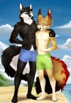  2019 4_toes abs barefoot bastika beach big_ears big_tail black_fur black_nose black_sclera body_hair canid canine canis claws clothed clothing domestic_dog duo fennec fenrick fox fur gesture green_eyes grey_nipples happy_trail hi_res husky looking_at_viewer male mammal nipples nordic_sled_dog pink_nipples pubes red_fur seaside smile spitz standing thehuskyk9 thumbs_up toes topless white_fur yellow_fur 