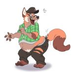  anthro belly bottomwear butt canid canine claws clothed clothing eyewear fox fur glasses hat headgear headwear human human_to_anthro looking_back male mammal midriff navel open_mouth open_smile orange_fur outie_navel pants silverclaw1 simple_background slightly_chubby smile solo species_transformation standing straining_buttons tail_growth teeth toe_claws tongue torn_bottomwear torn_clothing torn_pants transformation weight_gain white_background 