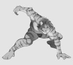  2019 anthro athletic athletic_male biped black_and_white felid fur hair hi_res male mammal monochrome nomad_(tas) pantherine simple_background solo stakeho_lder striped_fur stripes tiger tokyo_afterschool_summoners video_games white_background 