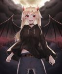  1girl absurdres bat_wings belt black_belt black_choker black_hoodie blonde_hair breasts choker cloud commentary_request cross eyebrows_visible_through_hair hair_between_eyes highres hood hoodie horns long_hair long_sleeves looking_at_viewer lunati medium_breasts mole mole_under_eye original pants red_eyes solo wings 