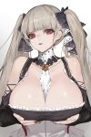  1girl absurdres azur_lane bare_shoulders between_breasts black_nails bow breast_hold breasts choker cleavage dress eyelashes formidable_(azur_lane) frilled_dress frills grey_hair hair_bow highres jam_(nandade) large_breasts long_hair parted_lips red_ryes solo twintails two-tone_dress two-tone_ribbon upper_body white_background 