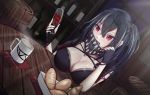  1girl absurdres alcohol azur_lane bandana bandana_over_mouth bangs barrel black_gloves black_hair black_nails blush bread breasts cleavage coffee coffee_mug cup drinking_glass dutch_angle evening eyebrows_visible_through_hair fingerless_gloves flareza food gloves hair_between_eyes hair_ornament hair_scrunchie highres indoors large_breasts mug multicolored_hair nail_polish one_side_up open_mouth red_eyes red_wine scrunchie short_sleeves sitting slit_pupils solo streaked_hair table u-47_(azur_lane) u-47_(lone_wolf&#039;s_room) window wine wine_glass wine_rack wooden_table 