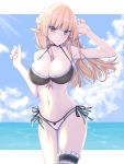  1girl bangs bare_arms bare_shoulders beach black_bikini_top blonde_hair blue_eyes blush braid breasts collarbone commentary_request day elf elfenlied22 hair_between_breasts highres huge_breasts large_breasts navel original outdoors pointy_ears thigh_strap white_bikini_bottom 