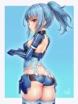  1girl alice_gear_aegis ass bangs blue_gloves blue_hair blush breasts doyouwantto from_behind gloves highres long_hair looking_at_viewer looking_back medium_breasts micro_shorts ponytail purple_eyes shiny shiny_hair shiny_skin shorts solo standing takanashi_rei 