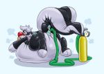  2019 animate_inanimate anthro anus belly big_belly blue_sclera blush digital_drawing_(artwork) digital_media_(artwork) gas_tank glistening hi_res inflatable inflation living_inflatable lockheedskunk lockheedskunk_(character) male mammal markings mephitid nozzle nude pool_toy red_nose rubber simple_background skunk solo 