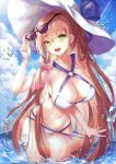  1girl alternate_costume bangs bikini bikini_tug blue_sky blush breasts brown_hair cleavage criss-cross_halter day eyebrows_visible_through_hair eyewear_removed girls_frontline green_eyes hair_between_eyes halterneck hat highres holding holding_eyewear large_breasts long_hair looking_at_viewer m1903_springfield_(girls_frontline) o-ring ocean open_mouth outdoors paya_(aejx2345) sidelocks sky smile solo sun_hat sunglasses swimsuit wading wet white_bikini 