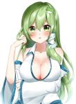  1girl absurdres arm_under_breasts bangs bare_shoulders blue_skirt blush breasts cleavage collarbone collared_shirt commentary_request detached_sleeves eyebrows_visible_through_hair eyelashes frog frog_hair_ornament green_eyes green_hair hair_between_eyes hair_ornament hair_tousle hair_tubes highres kochiya_sanae large_breasts long_hair looking_at_viewer no_bra open_mouth parted_lips shiki_(s1k1xxx) shirt sidelocks simple_background skirt sleeveless sleeveless_shirt snake snake_hair_ornament solo touhou very_long_hair white_background white_shirt 