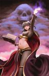  1girl arm_up armpits black_hair book bracelet breasts bridal_gauntlets cape cleavage dark_clouds fire_emblem fire_emblem_awakening glowing glowing_hand highres jewelry looking_at_viewer magic mynare navel pantyhose parted_lips pelvic_curtain skull solo stomach tharja tiara twintails 