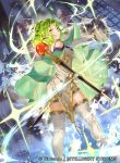  1girl bangs boots cape commentary_request company_connection copyright_name fire_emblem fire_emblem:_the_sacred_stones fire_emblem_cipher gloves green_eyes green_hair jewelry l&#039;arachel_(fire_emblem) long_hair looking_at_viewer looking_back mayo_(becky2006) official_art skirt staff thigh_boots thighhighs tied_hair white_footwear zettai_ryouiki 