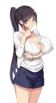  1girl bangs black_hair blue_eyes blush breast_hold breasts cleavage covered_nipples highres large_breasts long_hair looking_at_viewer munashi_mujou original ponytail shorts simple_background smile solo white_background 