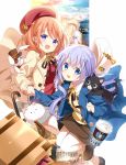  2girls :d alternate_hairstyle angora_rabbit anko_(gochiusa) blue_eyes blue_hair blush bracelet briefcase brown_hair brown_legwear brown_skirt bunny buttons chess_piece coat coffee coffee_cup cover cover_page cup disposable_cup eyepatch gochuumon_wa_usagi_desu_ka? hair_ornament hands_together hat highres holding_hands hoto_cocoa jewelry kafuu_chino koi_(koisan) light_blush logo long_hair looking_at_viewer luggage manga_time_kirara multiple_girls official_art open_mouth pointing pointing_up purple_eyes queen_(chess) red_shirt shirt short_hair skirt smile stuffed_animal stuffed_toy thighs tippy_(gochiusa) top_hat umbrella white_legwear white_skirt wild_geese x_hair_ornament 