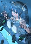  1girl bare_shoulders blue_eyes breast_press breasts commentary_request eyebrows_visible_through_hair glowing glowing_eyes hair_between_eyes hair_ribbon highres isuzu_(kantai_collection) kantai_collection large_breasts long_hair ribbon shinkaisei-kan short_sleeves sketch soushou_nin twintails 