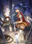  1girl bangs blue_eyes boots chain commentary_request fire_emblem fire_emblem:_the_sacred_stones fire_emblem_cipher gloves indoors long_hair open_mouth pegasus polearm ponytail sidelocks skirt spear tana_(fire_emblem) thigh_boots thighhighs tied_hair uroko_(mnr) weapon white_footwear zettai_ryouiki 