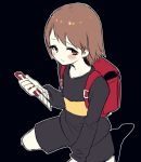  1other androgynous black_background boxcutter brown_hair chara_(undertale) closed_mouth commentary_request knife looking_at_viewer nevada-tan oshiruko_(tsume) red_eyes shirt short_hair shorts simple_background solo striped striped_shirt undertale 