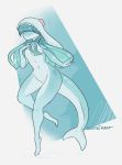  abstract_background anthro blue_hair blue_skin bow breasts cetacean conditional_dnp delphinoid digital_media_(artwork) female hair hi_res hood mammal marine navel nude sefeiren solo spots standing toothed_whale 