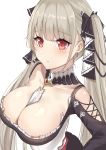  1girl absurdres azur_lane bangs bare_shoulders between_breasts black_dress blush breasts cleavage closed_mouth dress earrings formidable_(azur_lane) frilled_dress frills grey_hair hair_ribbon highres jewelry large_breasts long_hair looking_at_viewer red_eyes ribbon simple_background solo twintails two-tone_dress two-tone_ribbon very_long_hair white_background ying_jing_meng 