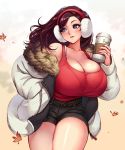  1girl autumn_leaves bare_shoulders beryl_(junkpuyo) breasts brown_hair cleavage coffee collarbone commentary_request earmuffs highres huge_breasts jacket jewelry junkpuyo lips long_hair looking_at_viewer looking_to_the_side original purple_eyes red_hair ring short_shorts shorts smile solo thick_thighs thighs 
